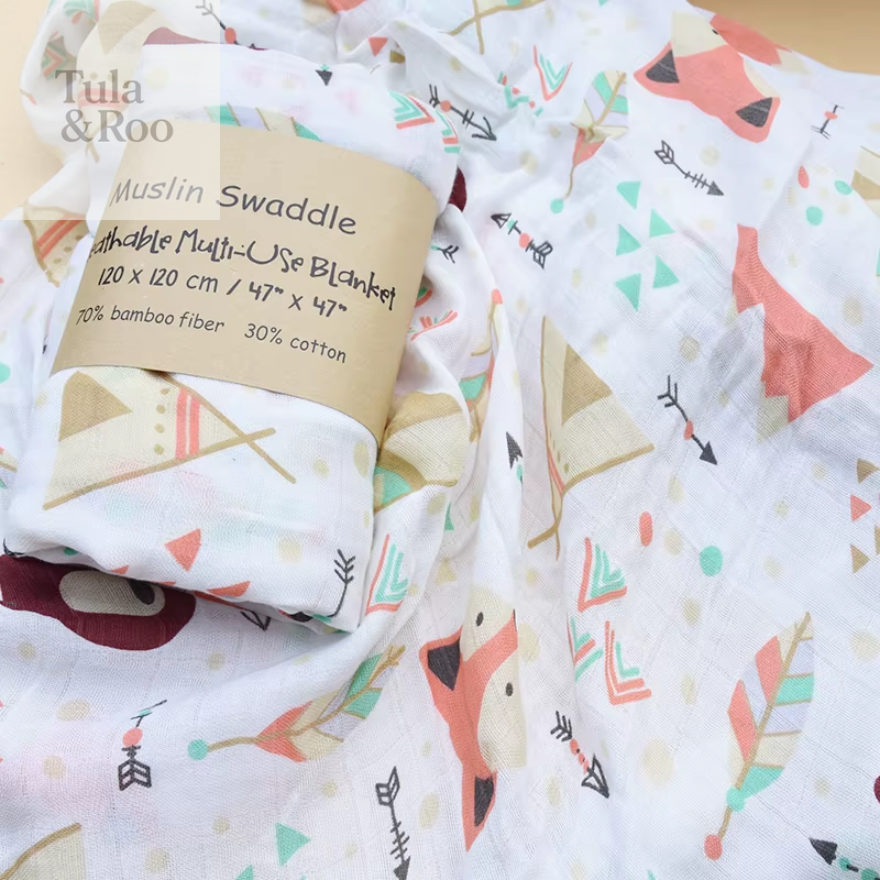 Bamboo Cotton Muslin Baby Swaddle Blanket and Multi-Use Gauze Wrap, Feeding Scarf, Burp Cloth, and Bath Towel 